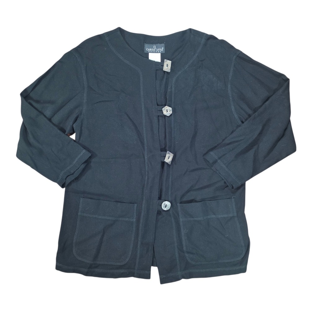 Vtg Carole Little Petites Black Rayon Artsy Button Front Jacket Size 8 Med USA